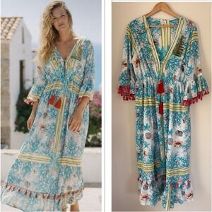 POL Coastal Sequin Boho Starfish Maxi Dress Tropical Resort Beach Coverup Beaded
